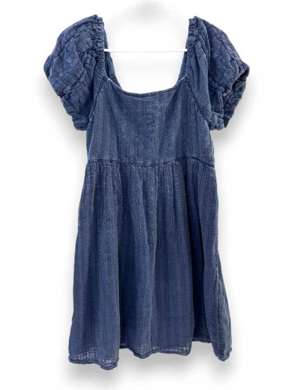 American Eagle Blue Puff Sleeve Babydoll Mini Dress Embroidered Romantic Medium